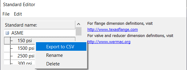 Custom PIpe Standards - Export to CSV