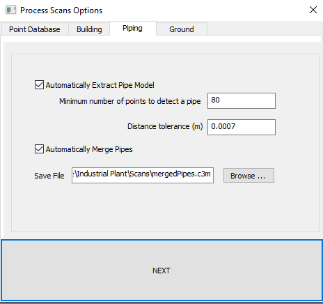 Process Scans Dialog for Piping Automatic pipe extraction