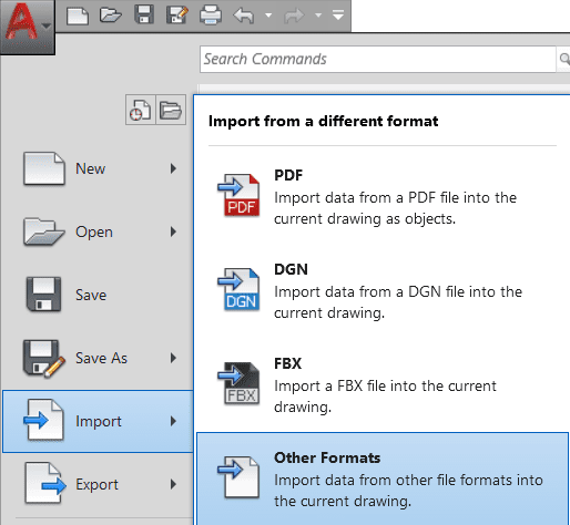 Other Formats import menu
