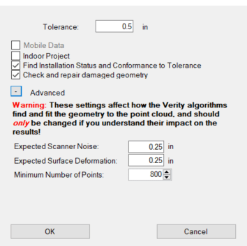 Verity advanced analysis settings
