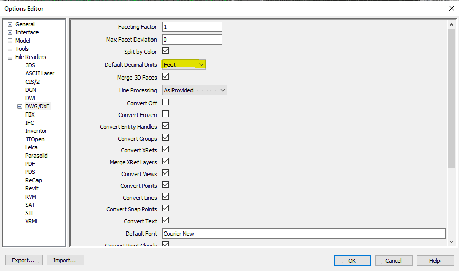 Navisworks DXF File Reader Options