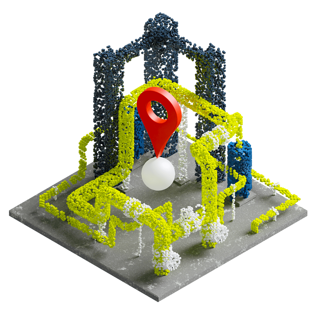 3d model of a structure's point cloud with a navigation pin