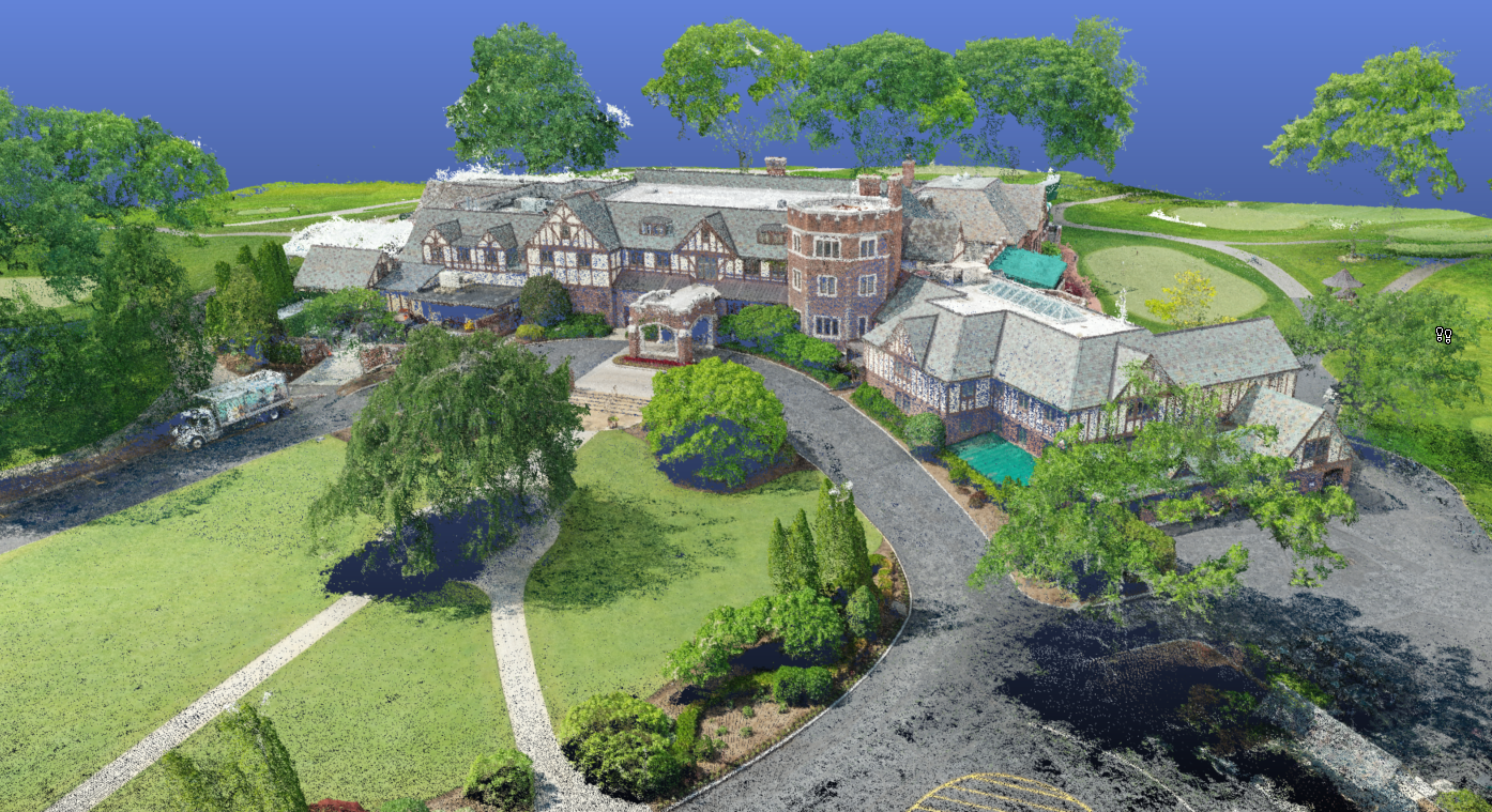 3D point cloud rendering of a large Tudor-style building surrounded by landscaped greenery, trees, and paved driveways, with golf course features visible in the background.