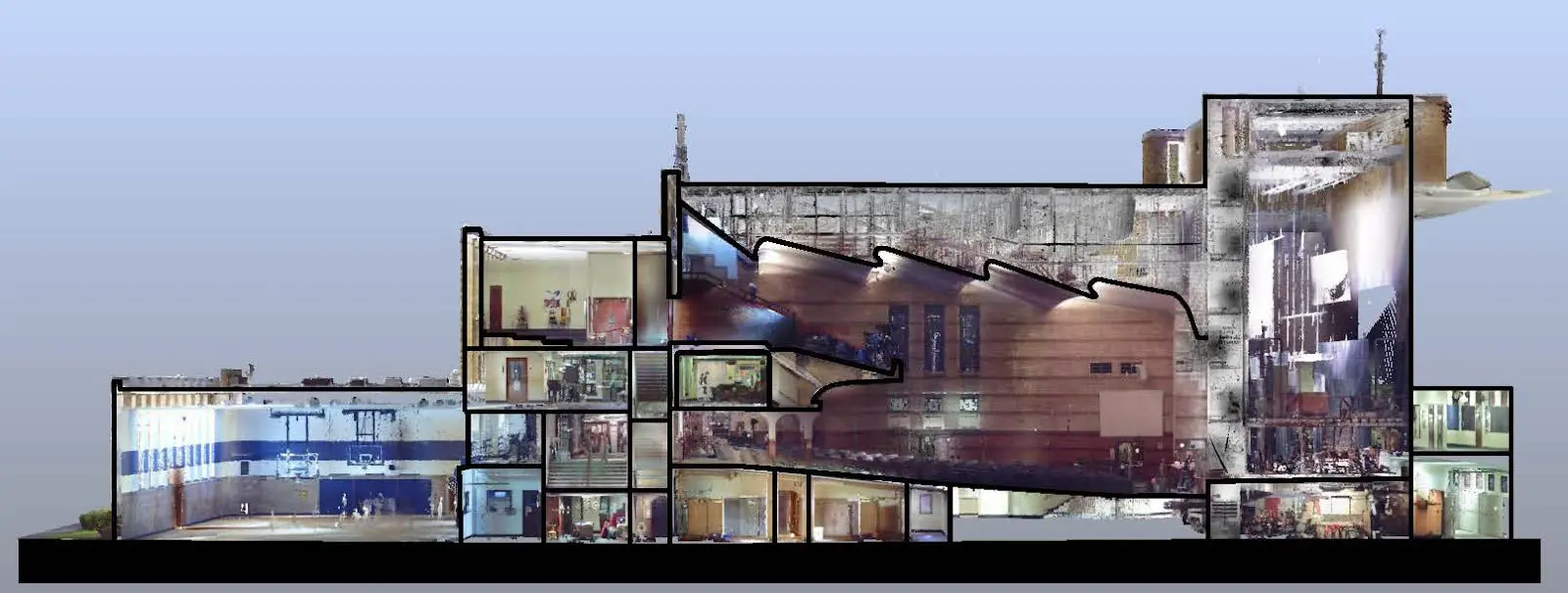 Cross-sectional view of a large building created from a 3D laser scan, showing detailed interior spaces including a gymnasium, stairwells, hallways, multiple floors, and an auditorium with stage and seating.