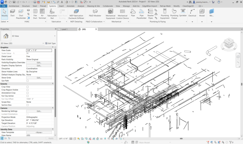 Z and F scanner pipes extracted in EdgeWise and imported into Revit