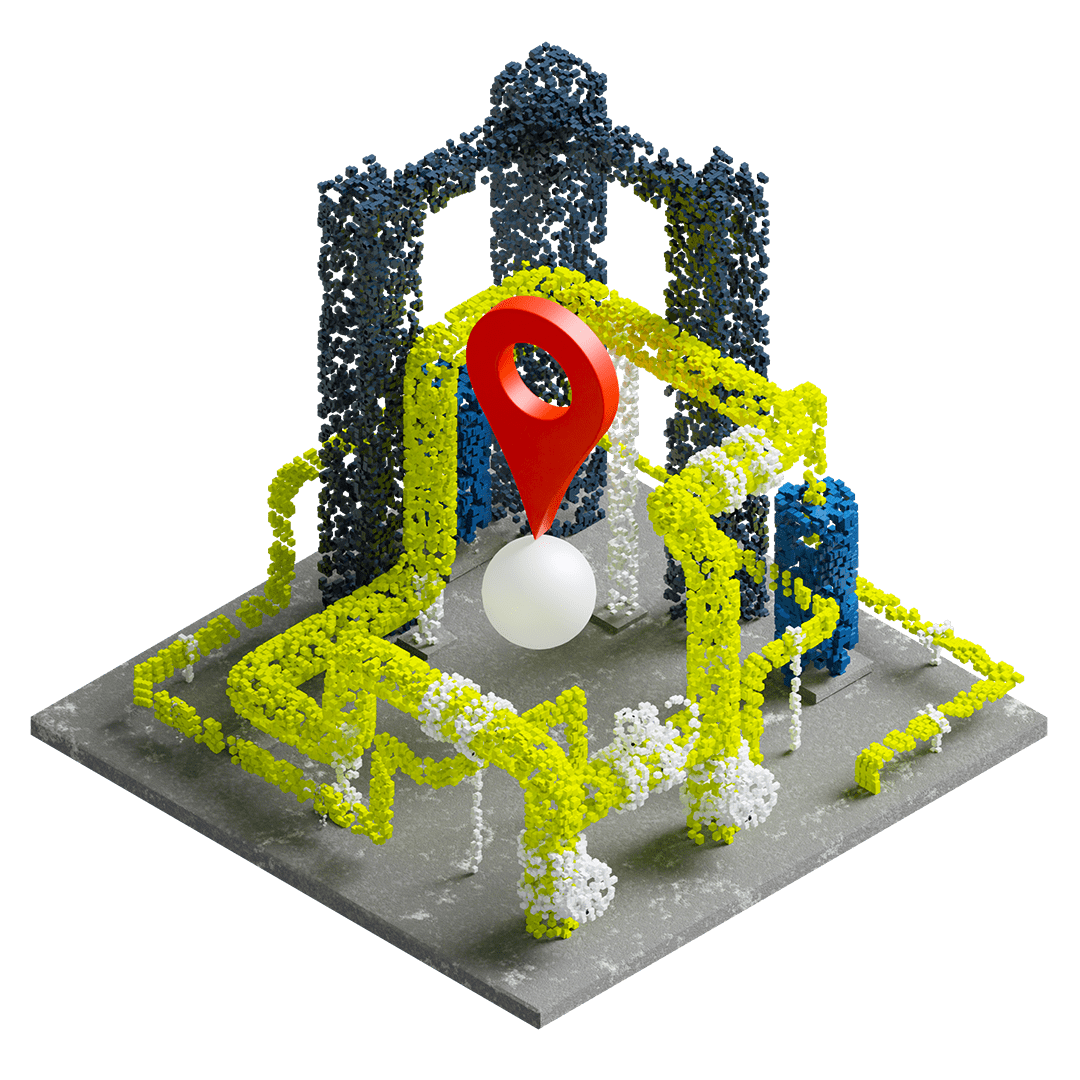 3d model of a structure's point cloud with a navigation pin