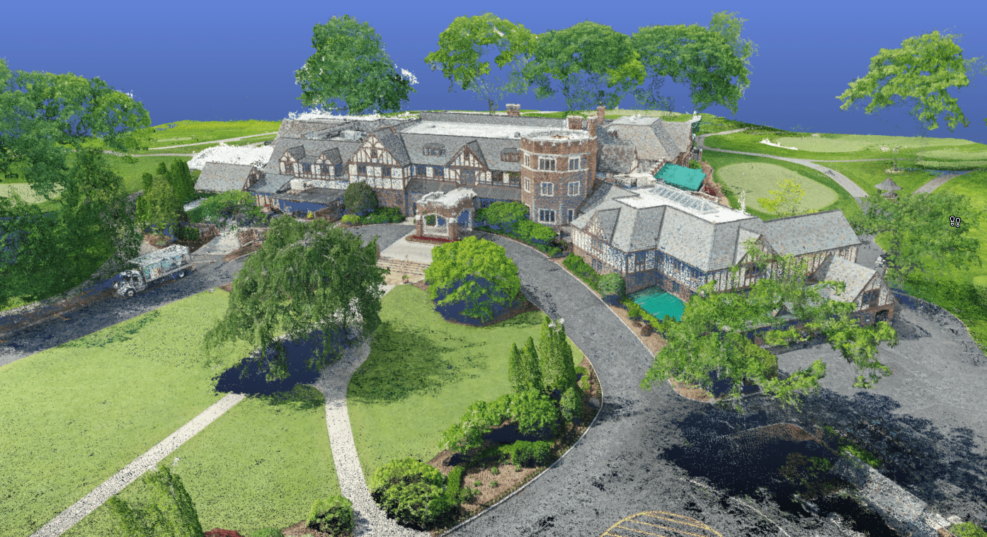 3D point cloud rendering of a large Tudor-style building surrounded by landscaped greenery, trees, and paved driveways, with golf course features visible in the background.