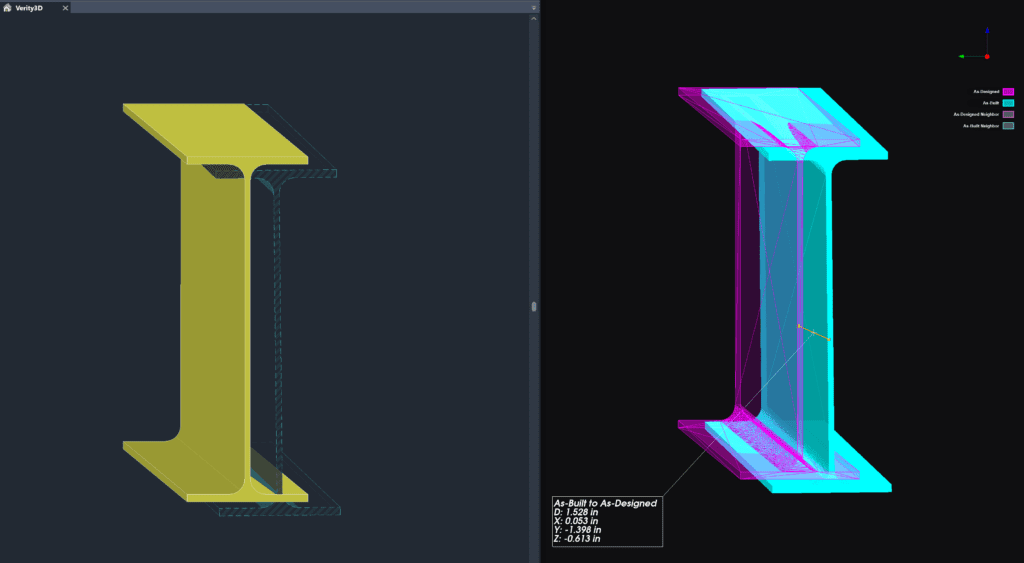 side by side of i-beam in Revit after Verity analysis, showing difference between model location and point cloud