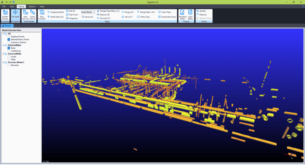Piping automatically extracted by EdgeWise from an OmniSLAM R8+ point cloud.