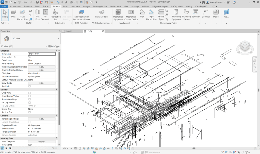 Z and F scanner pipes extracted in EdgeWise and imported into Revit